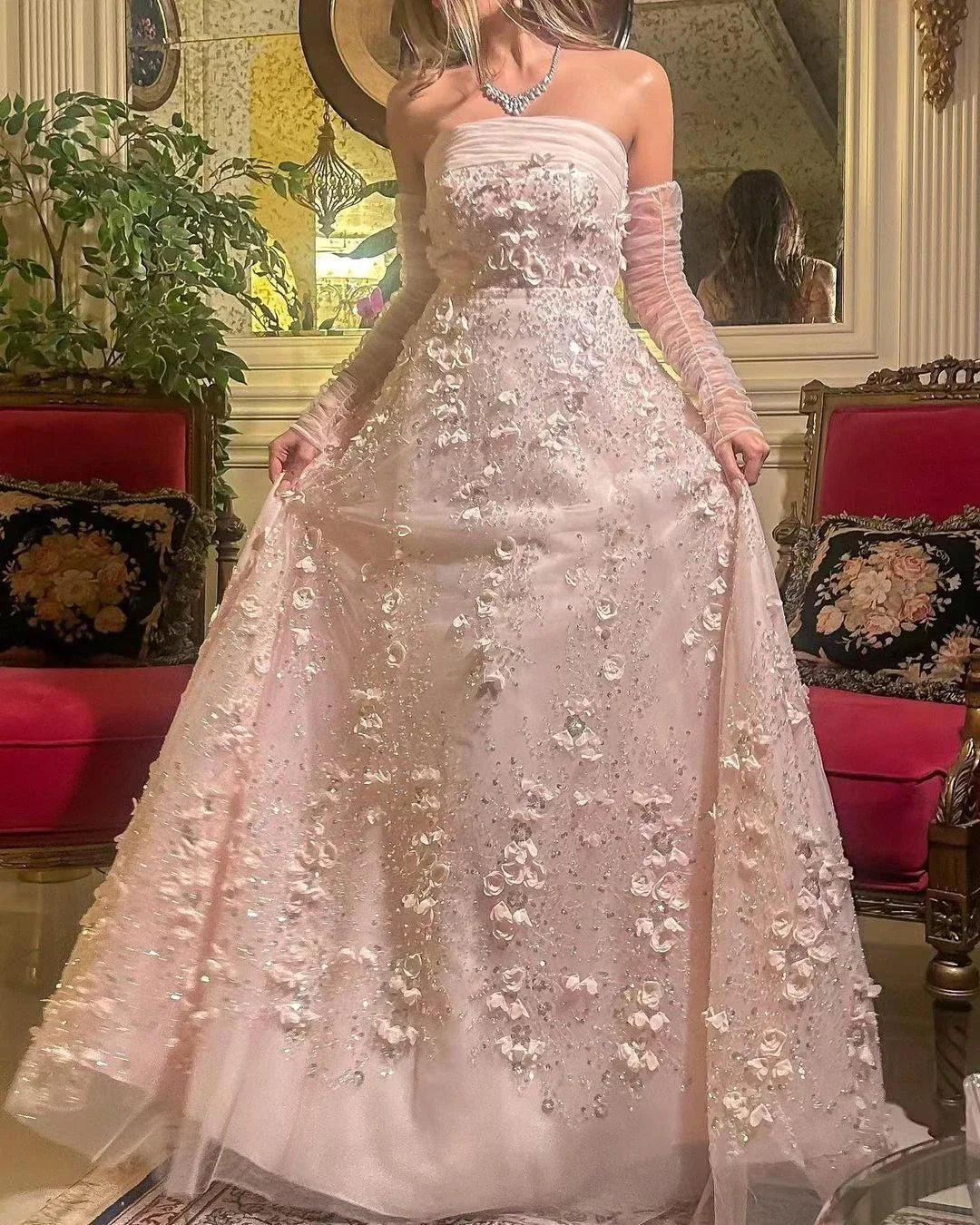 3D Flowers Strapless Evening Dress with Long Sleeves