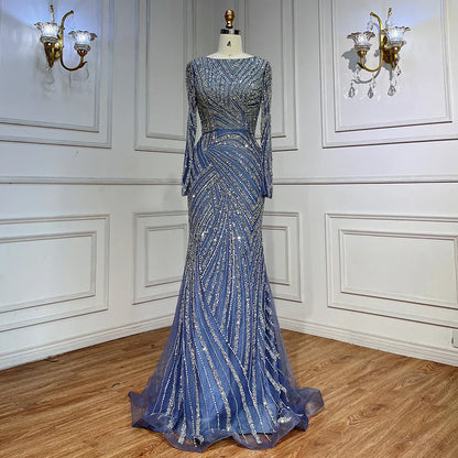 Blue Mermaid Beaded Long Sleeves Evening Gown