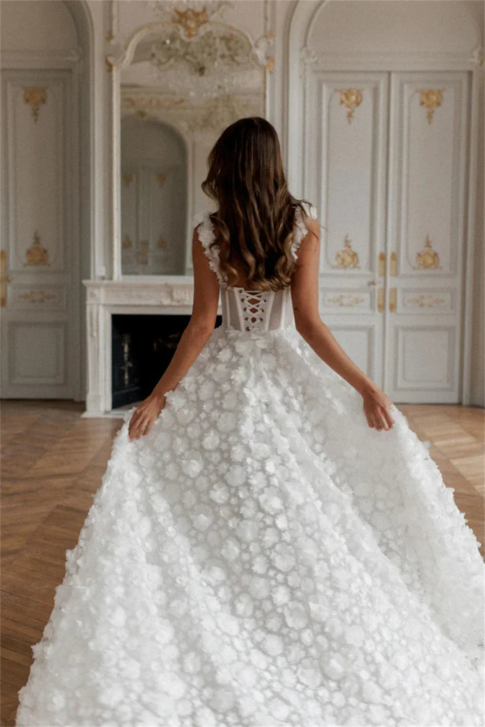 3D Flower Lace-up Back Side High Split Evening Dress