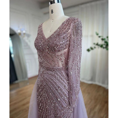 Blue Mermaid Beaded Long Sleeves Evening Gown