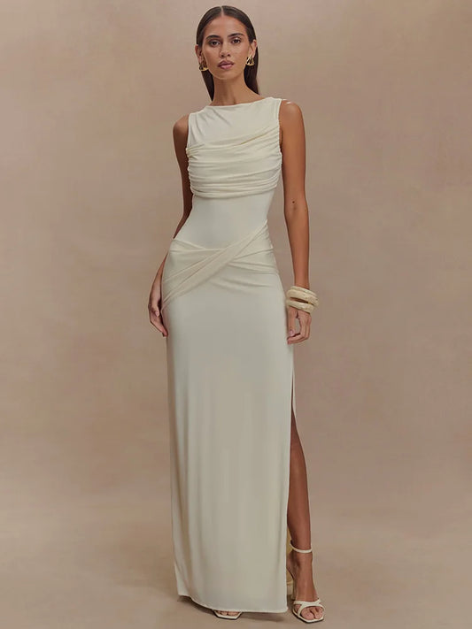 Backless Ruched O Neck Thigh High Split Long Dress