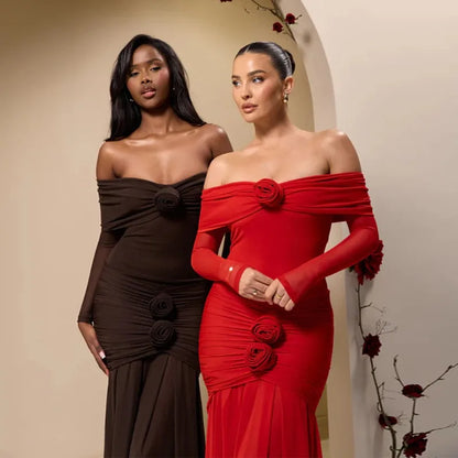 3D Flower-appliqué Mesh Long Sleeve Fishtail Maxi Dress