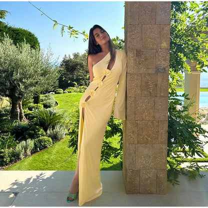 3D Flower Skew-collar Hollow Out Side Split Dress