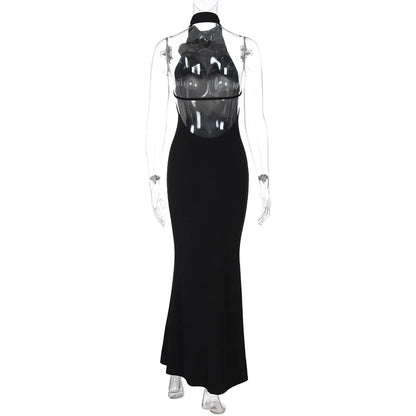 3D Flower Halter Backless Long Dress