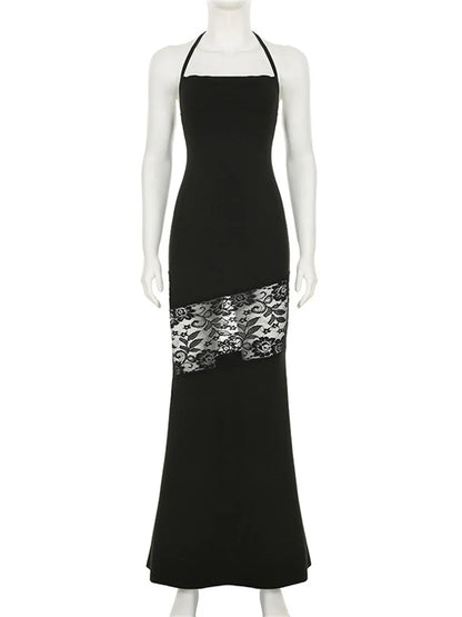 Black Printed Lace-Up Hollow Out Dress