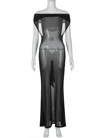 Black Patchwork Off-Shoulder Mesh Long Dress