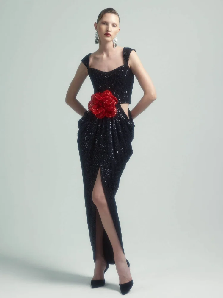 3D Flower Shiny Sequins Folds Long Dress