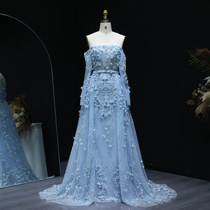 3D Flowers Evening Dress with Overskirt Long Sleeves