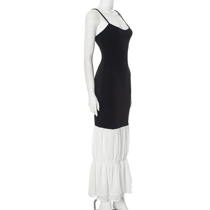 Black Strap White Frill Patchwork Maxi Dress