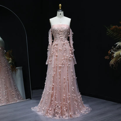3D Flowers Long Sleeves Evening Party Dress