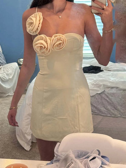 3d Flower-appliques One Shoulder Backless Mini Dress