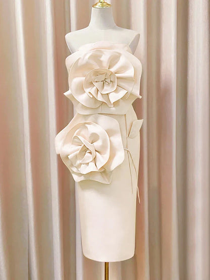 3D Floral Strapless Solid Mid-Calf Dress