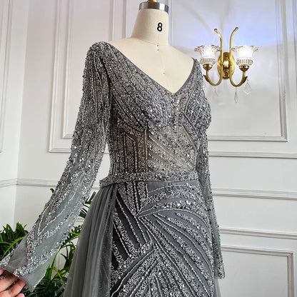 Blue Mermaid Beaded Long Sleeves Evening Gown