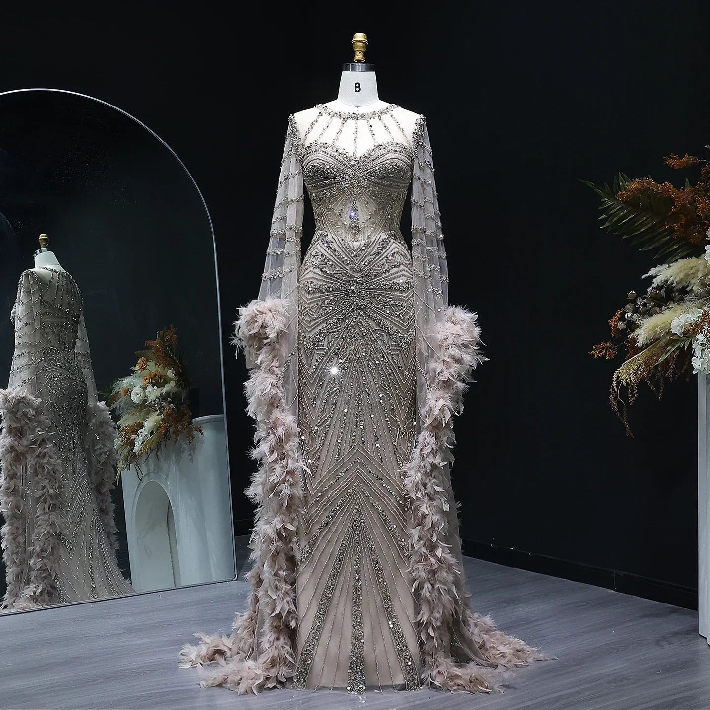 Beaded Mermaid Evening Dress with Feather Cape Sleeves