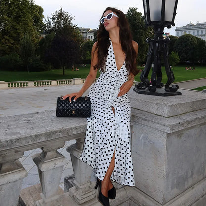 3D Flowers Polka Dot Print Backless Dress