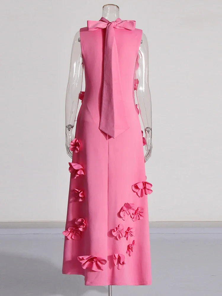 3D Flower Appliqué Mock Neck Midi Dress