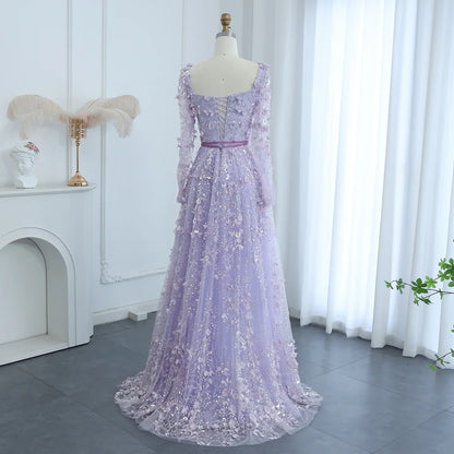 3D Floral A-Line Evening Gown Long Sleeves
