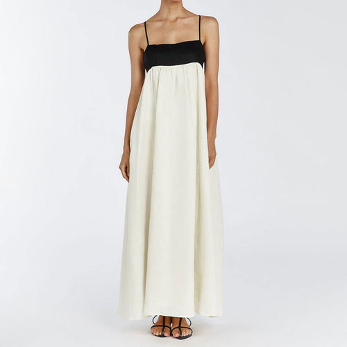 Black White Contrast Color Sling French Backless Long Pettidress