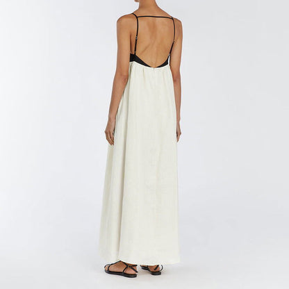 Black White Contrast Color Sling French Backless Long Pettidress