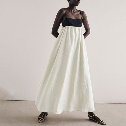 Black White Contrast Color Sling French Backless Long Pettidress