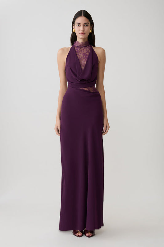 Arra Chiffon And Lace Halter Maxi Dress - Plum