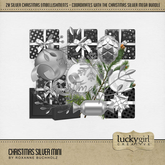 Celebrate Christmas with this silver mini digital art collection by Lucky Girl Creative that will add sparkle and shine to all your holiday pages! Embellishments include Christmas present, Christmas gift, pinecone, evergreen pine branch, ornaments, candy, glitter, wire snowflake, wire handwritten Christmas, ribbon, streamers, and more!