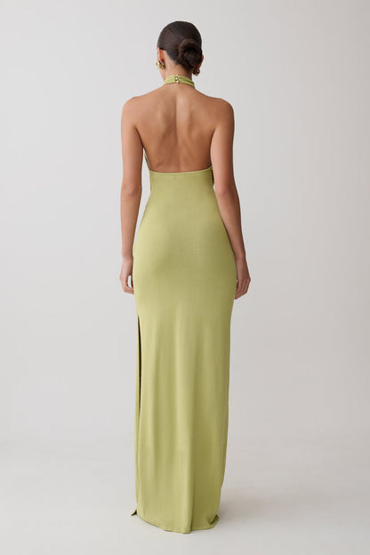 Cindylou Halter Knit Maxi Dress - Light Olive