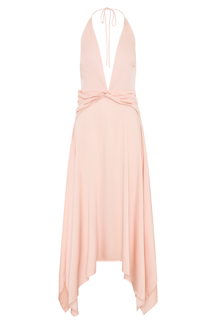 Cyra Plunge Satin Midi Dress - Peach