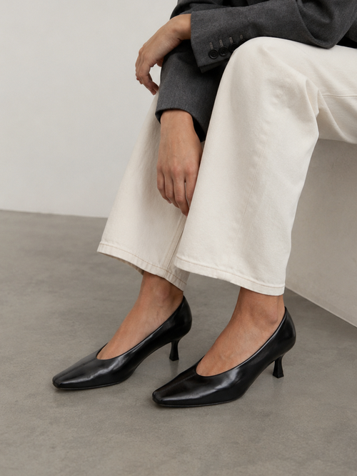 Delaney Black Faux Leather Square Toe Court Heels