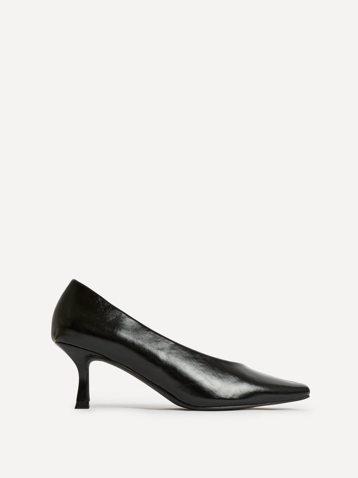Delaney Black Faux Leather Square Toe Court Heels