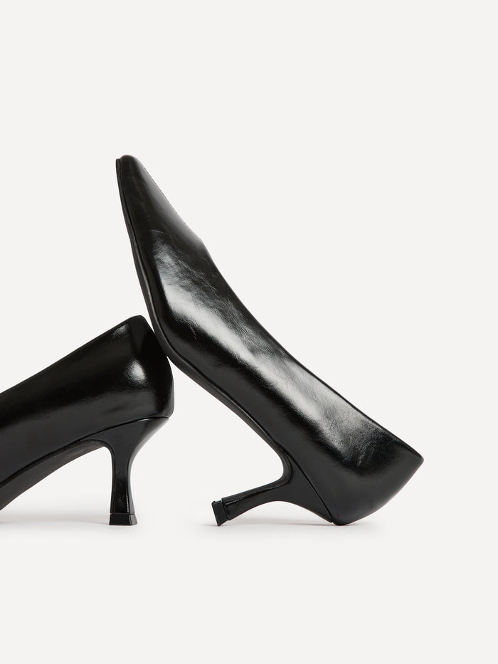 Delaney Black Faux Leather Square Toe Court Heels