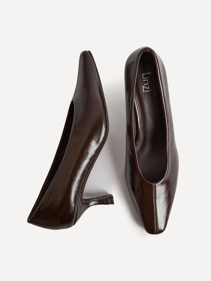 Delaney Brown Faux Leather Square Toe Court Heels