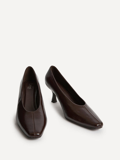 Delaney Brown Faux Leather Square Toe Court Heels