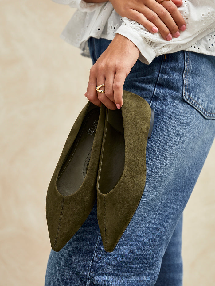 Direct Khaki Pointed Toe Ballet Flats