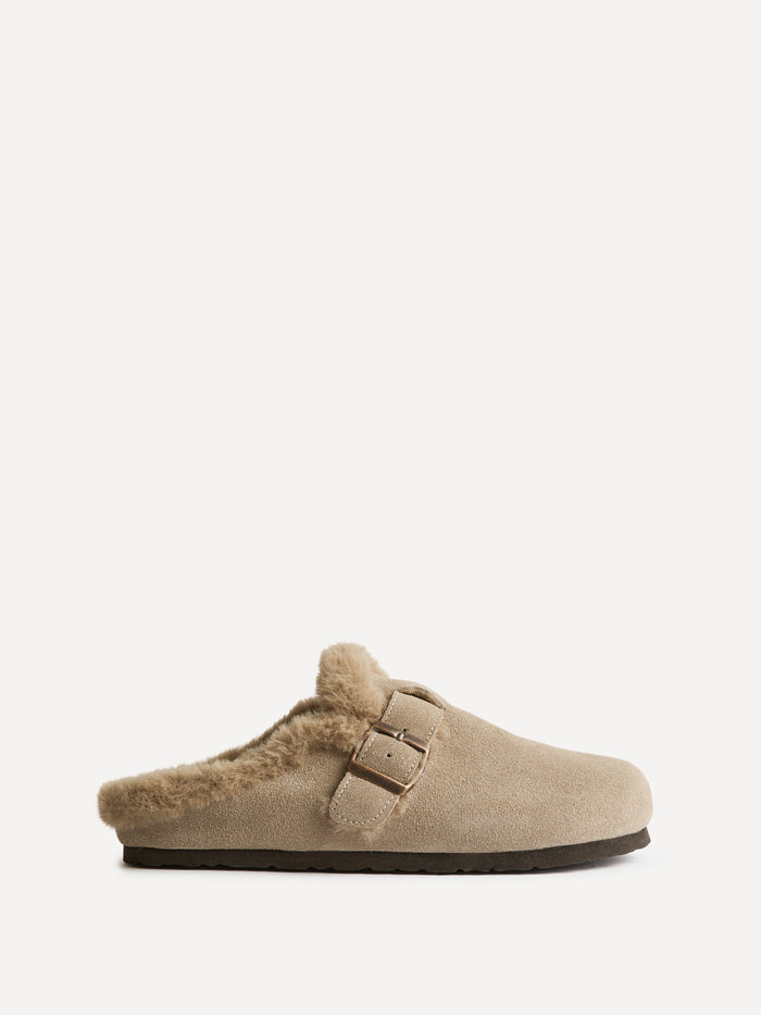 Ember Taupe Suede Leather Fur Lined Clogs