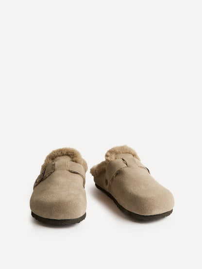 Ember Taupe Suede Leather Fur Lined Clogs