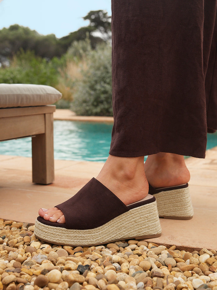 Espresso Brown Faux Suede Espadrille Mule Wedges