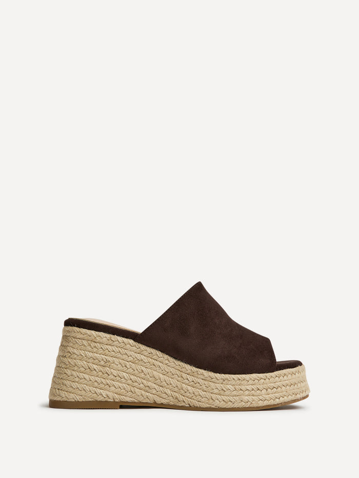 Espresso Brown Faux Suede Espadrille Mule Wedges