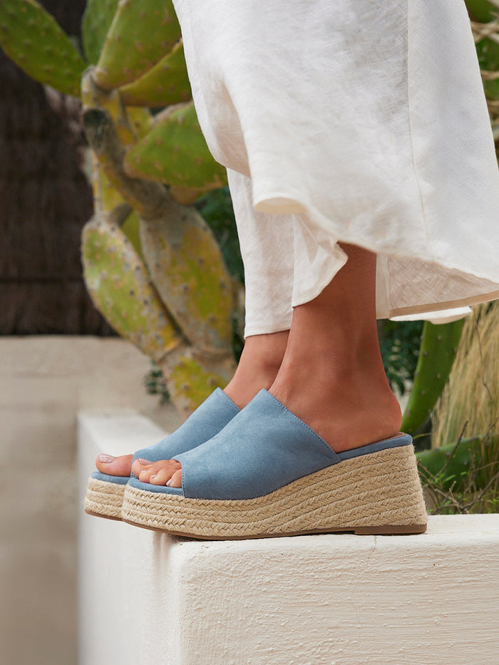 Espresso Pale Blue Faux Suede Espadrille Mule Wedges