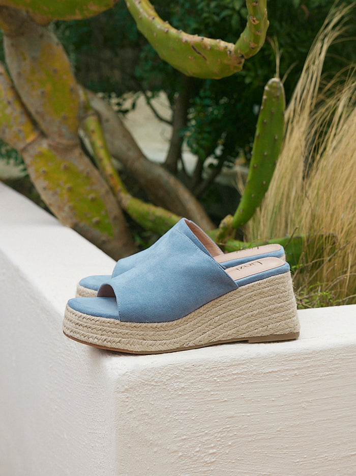 Espresso Pale Blue Faux Suede Espadrille Mule Wedges
