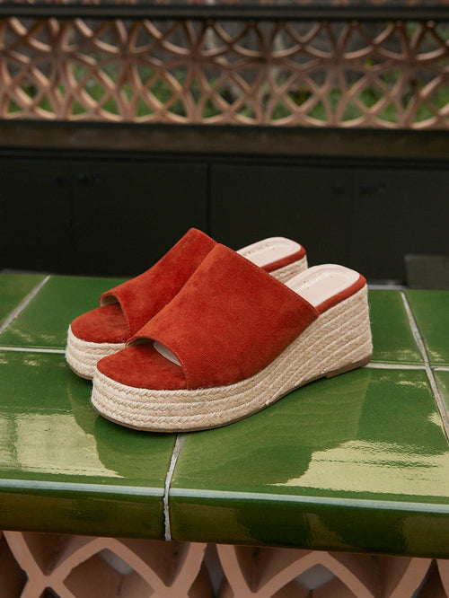 Espresso Rust Faux Suede Espadrille Mule Wedges