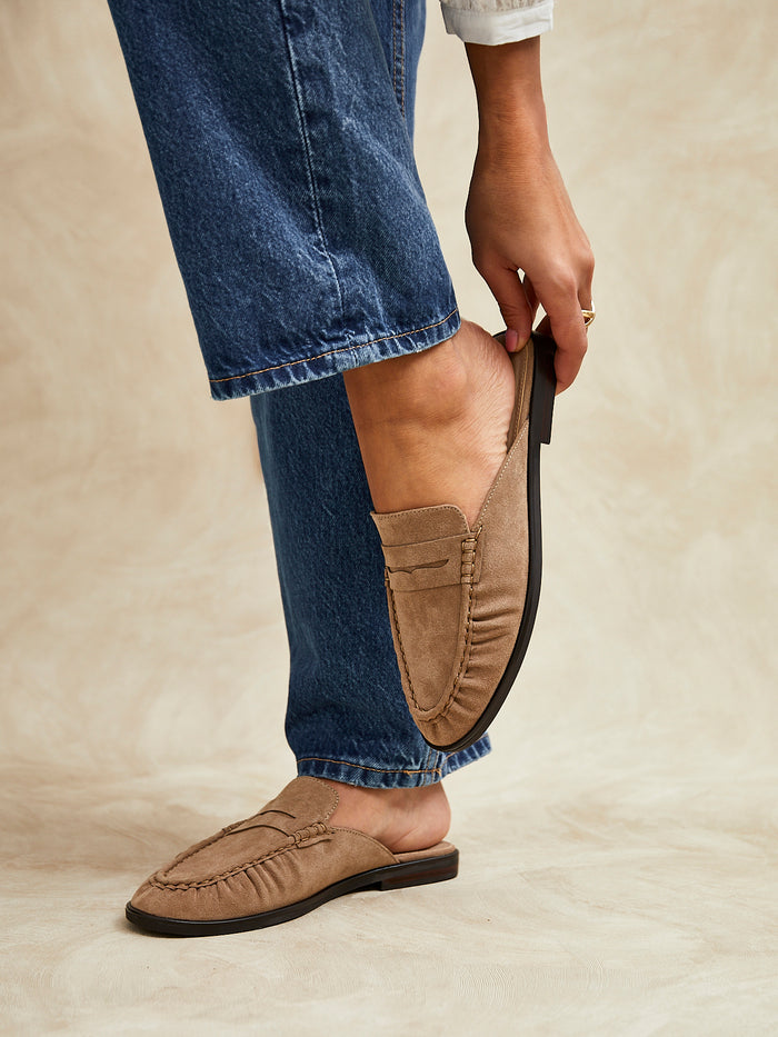 Intro Taupe Suede Leather Slip On Mules