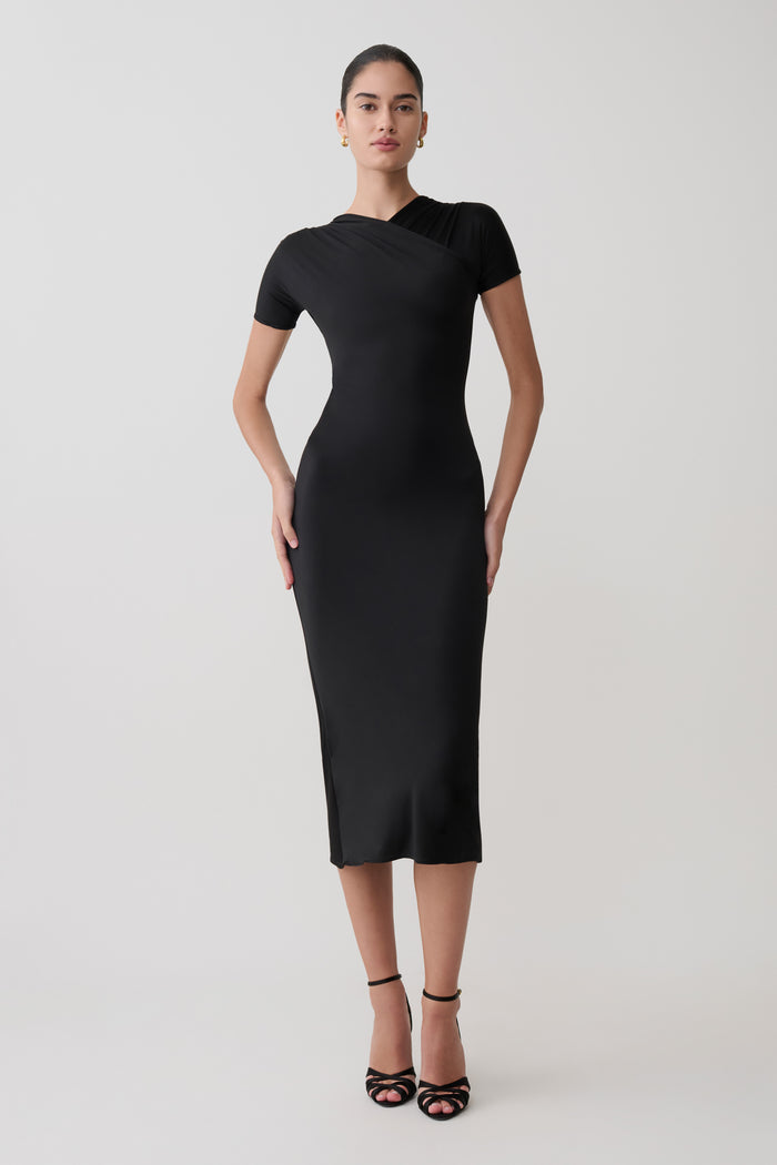 Junie Cross-Over Neck Slinky Maxi Dress - Black