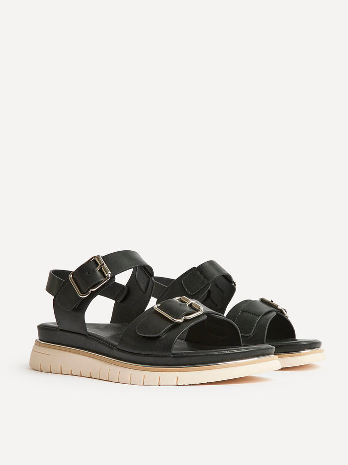 Karis Black Double Buckle Flat Sandals