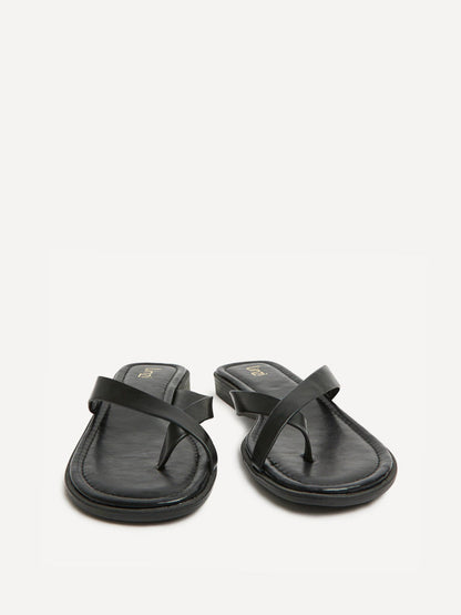 Kimmi Black Faux Leather Flat Sandals