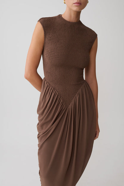Nola Shirred Asymmetric Midi Dress - Mocha