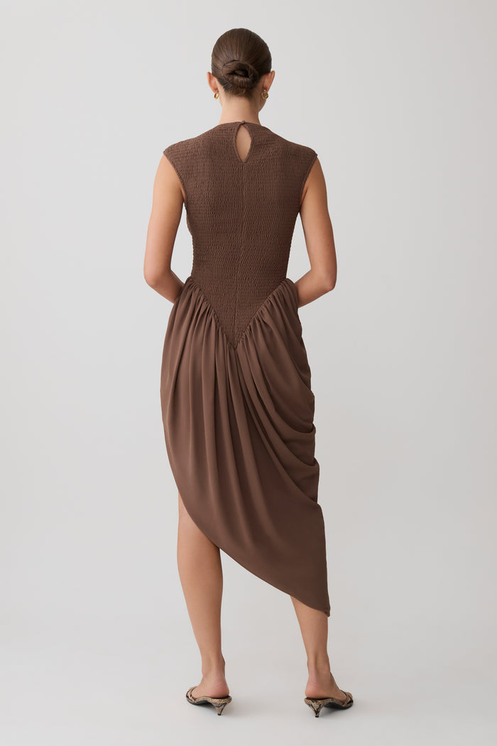 Nola Shirred Asymmetric Midi Dress - Mocha