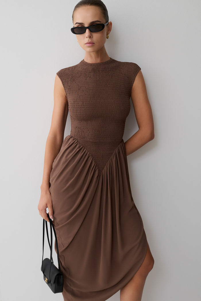 Nola Shirred Asymmetric Midi Dress - Mocha