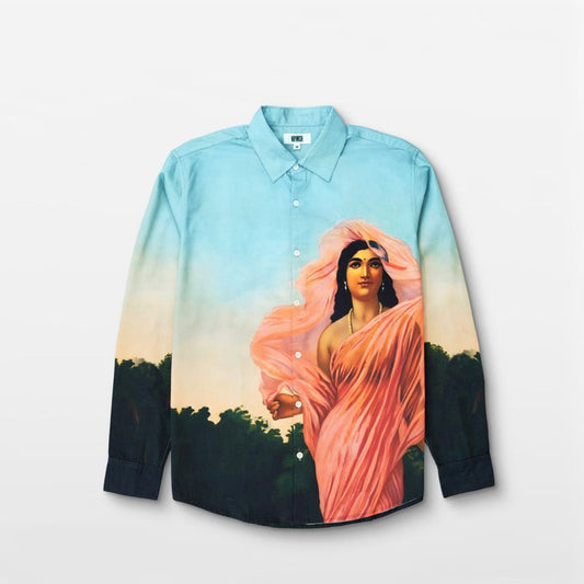 Padmini shirt for men in blue, front flat view, with Raja Ravi Varma inspired artwork of Padmini in a pink sari