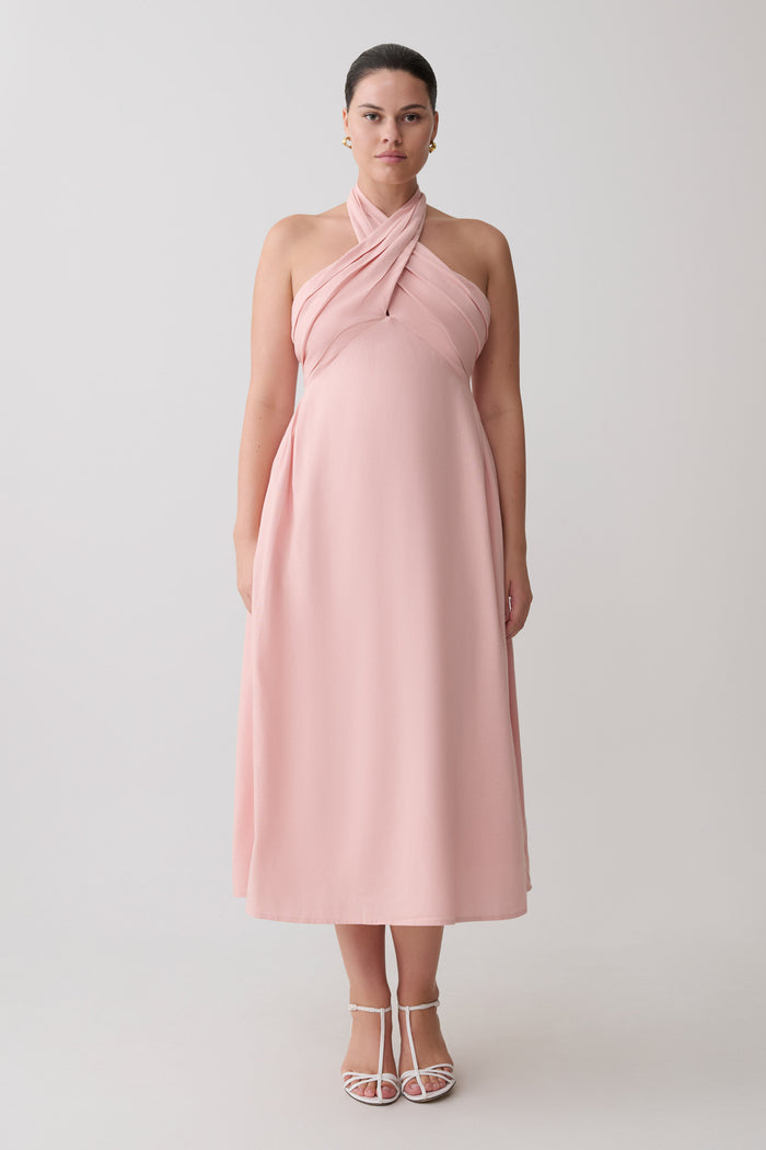 Rosie Linen Halter Midi Dress - Pink